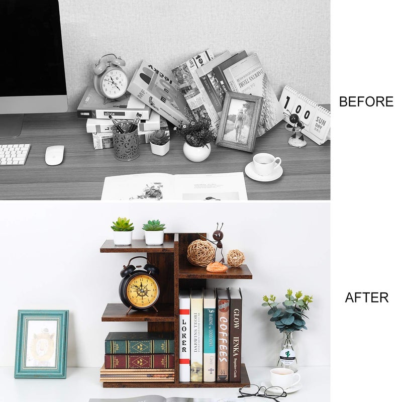 PAG Wood Desktop Shelf Small Bookshelf Desk Supplies Organizers and Accessories Storage Display Rack Office Decor for Women, Antique Brown - Image 4